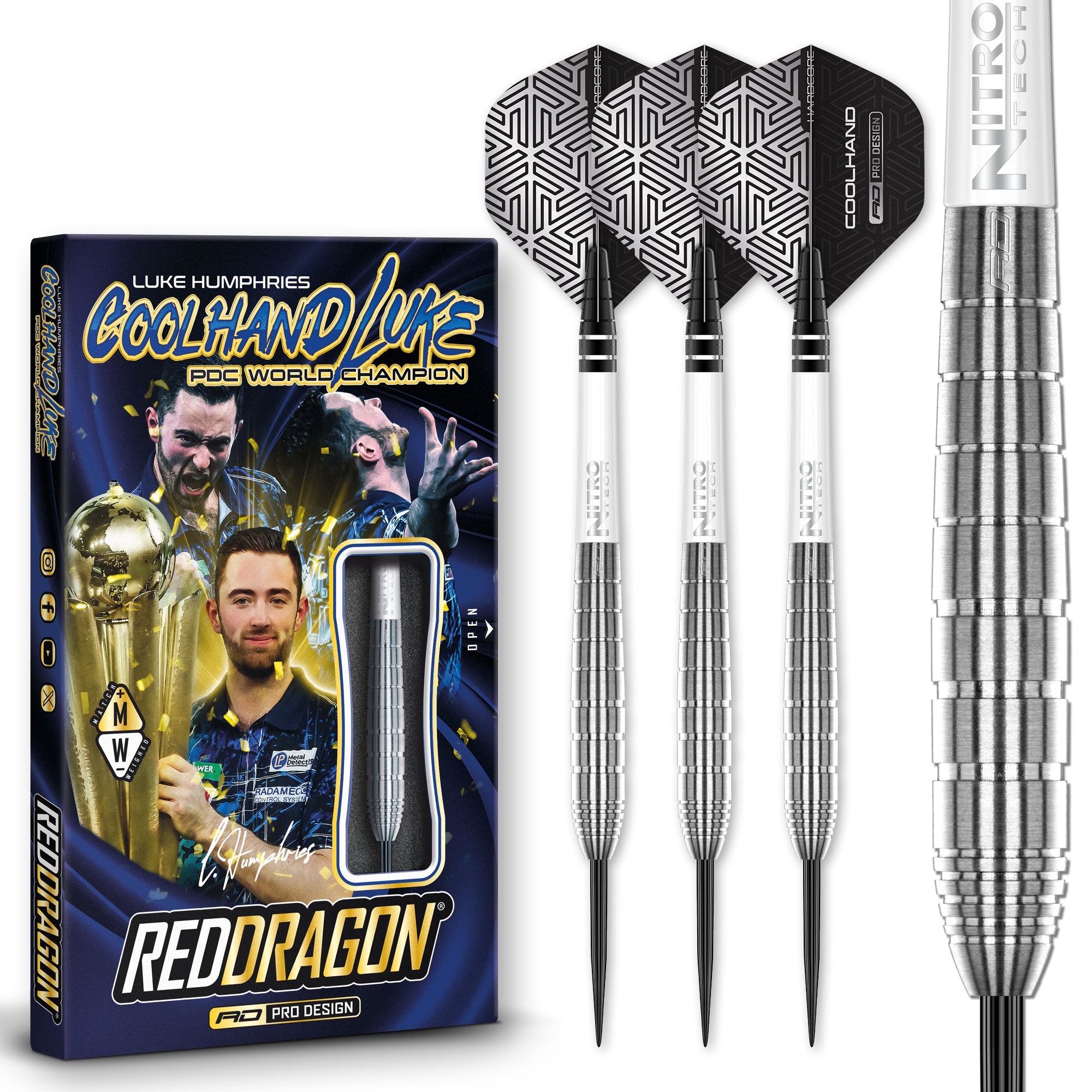 Red Dragon Luke Humphries TX1 Pioneer – Originalproduktfoto des Steeldart-Sets