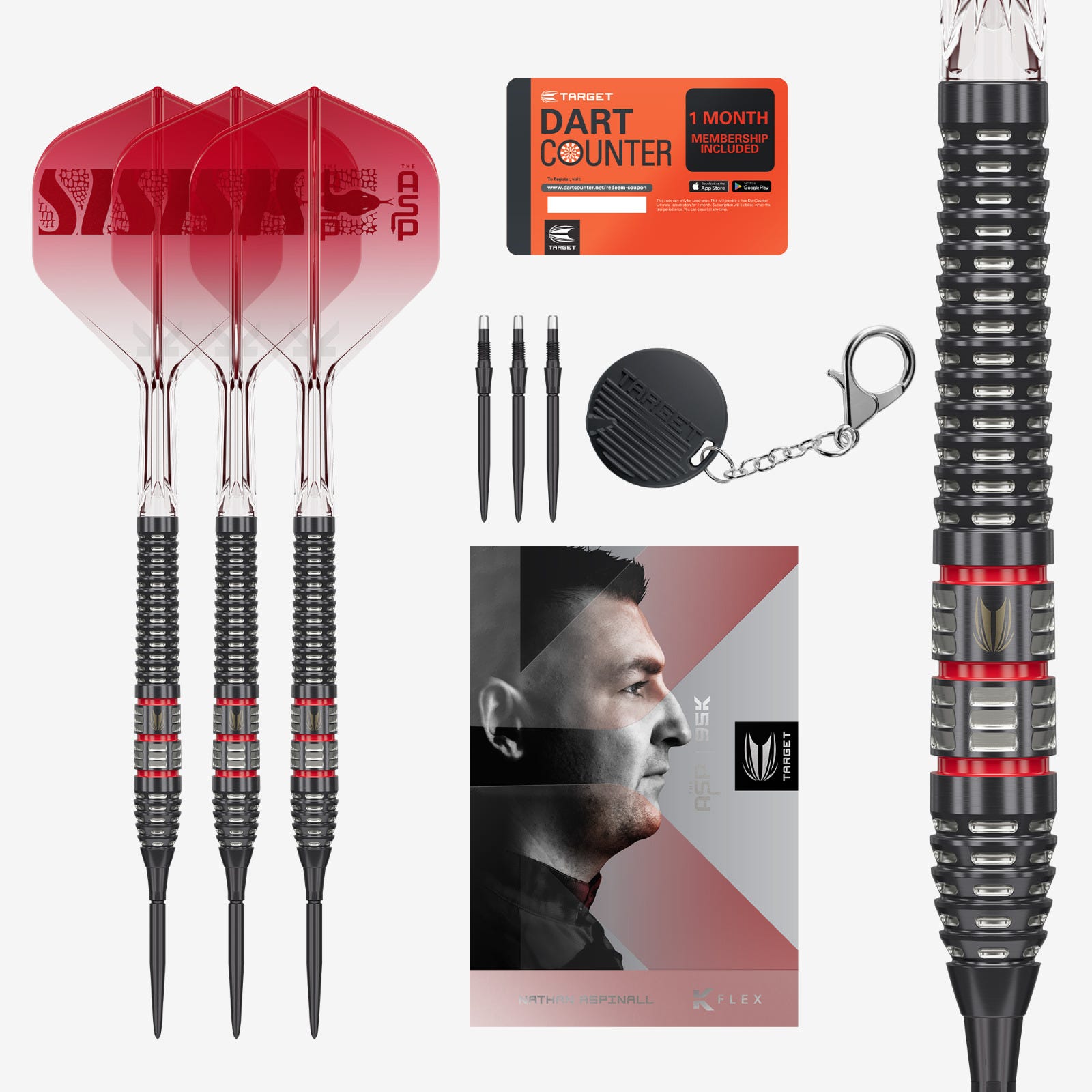 Target Nathan Aspinall 95K Swiss Point – Originalproduktfoto des Steeldart-Sets